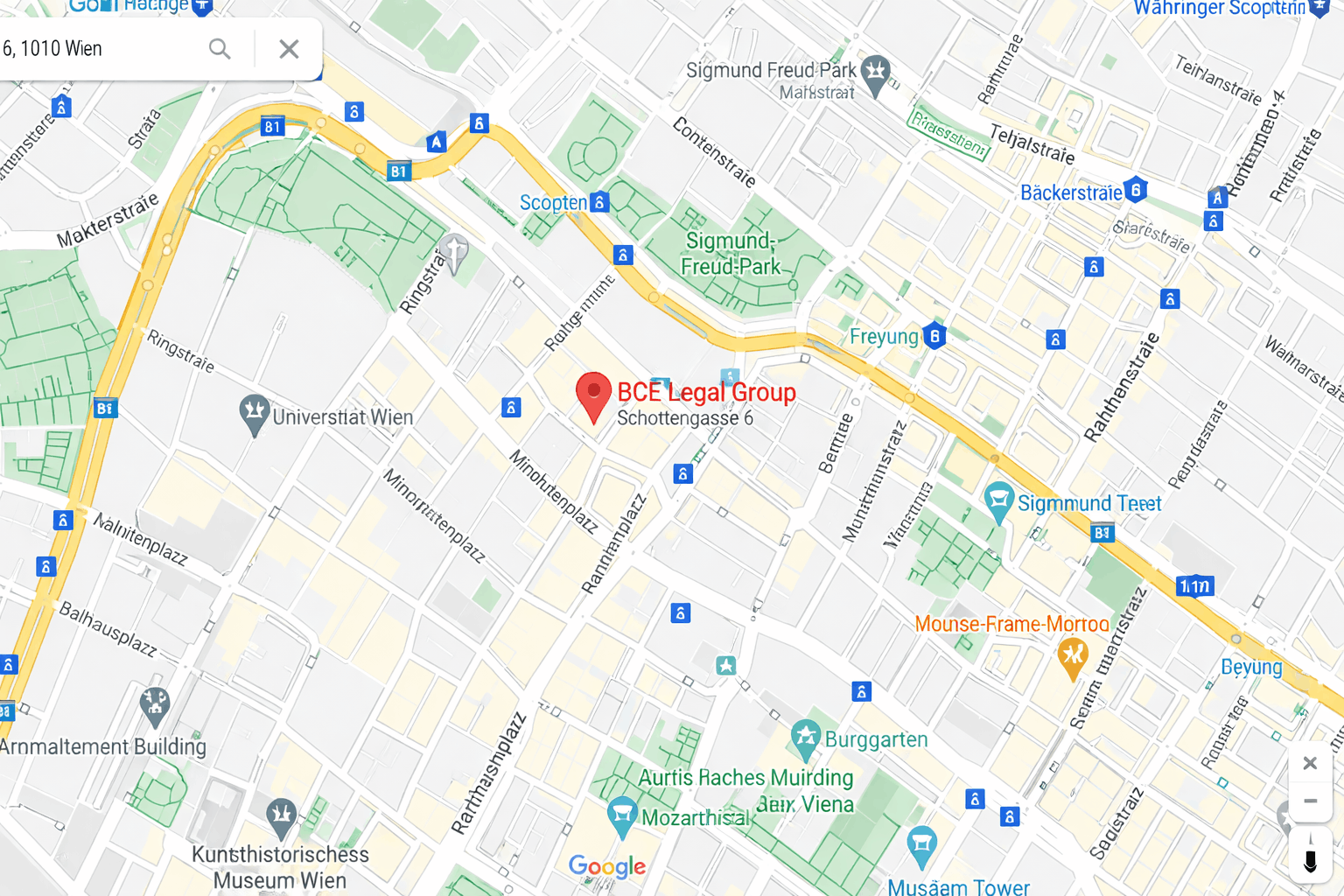 Карта: Schottengasse 6, 1010 Wien — офис BCE Legal Group